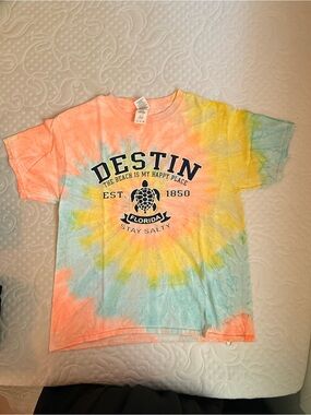 Gildan Tie-Dye Tee in Coral, Yellow & Aqua with Navy Graphic